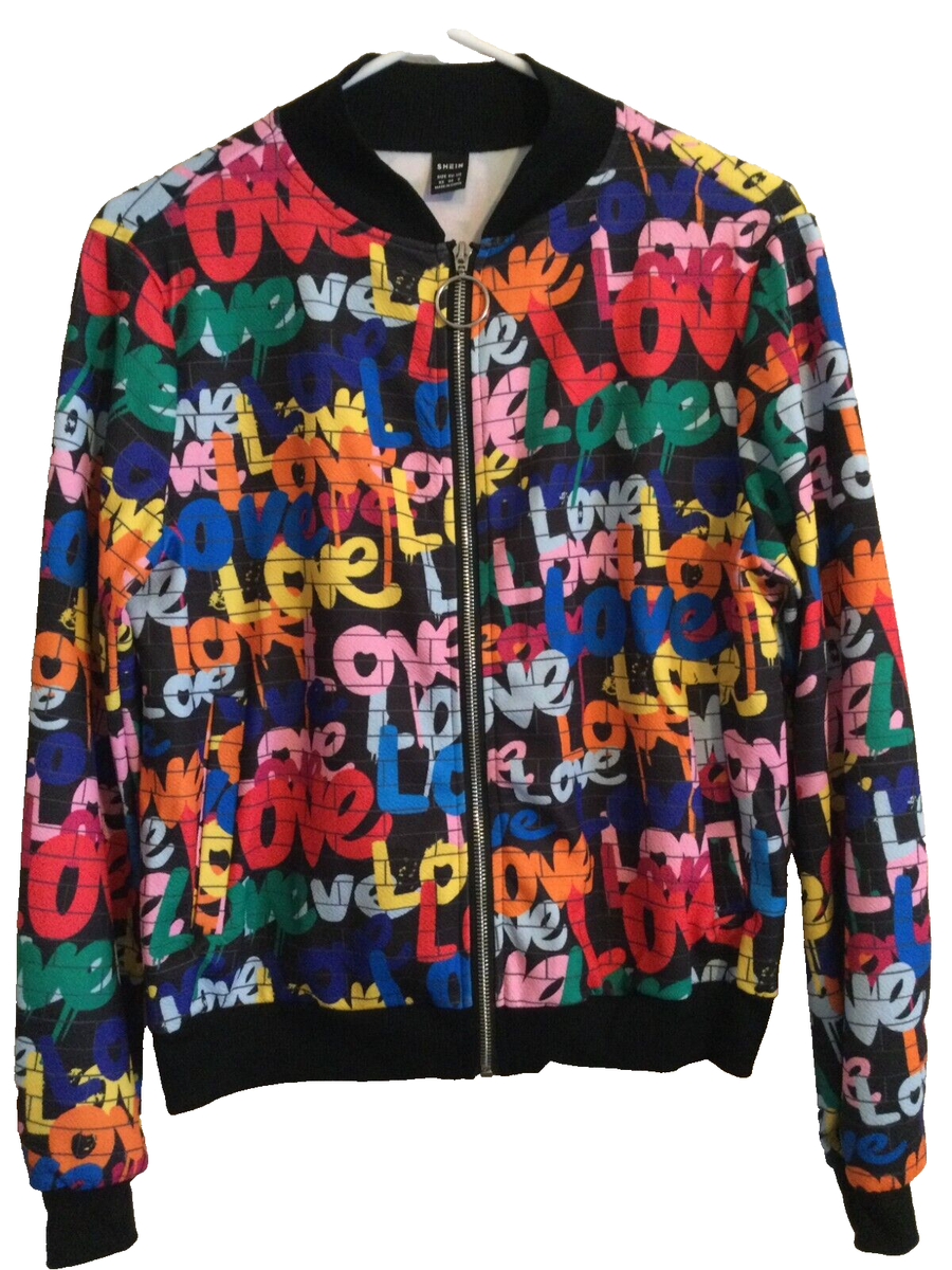 Shein Bomber Jacket Black Graffiti Print Size XS Love Spell Shein Bomber Jacket Black Graffiti Print Size XS Love Spell