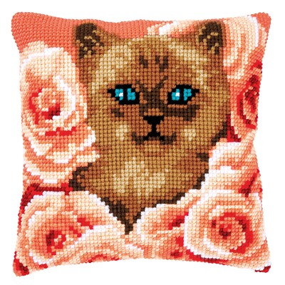 Vervaco ~ Kissen Kreuzstich Set ~ Kätzchen zwischen Rosen