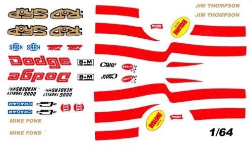 ROD SHOP DODGE Mike Fons - Jim Thompson Red 1/64th Ho Slot Car DECALS - Picture 1 of 3