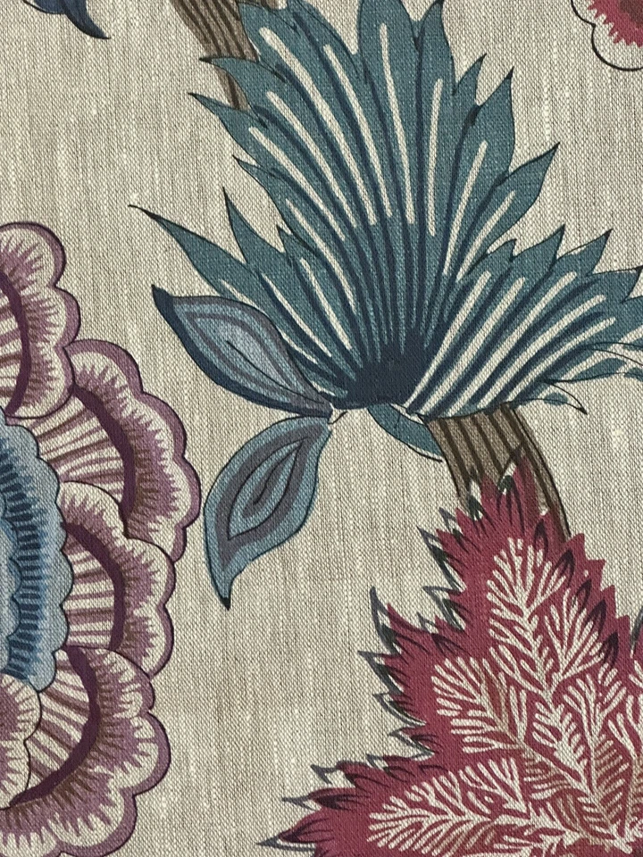Indienne Jacobean Raspberry and Blue on Natural by Thibaut Fabric 7 Yards Linen - Image 4 of 4