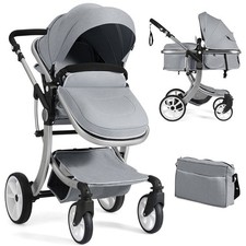 Folding Aluminum Infant Bassinet Reversible Baby Stroller W/ Diaper Bag Grey