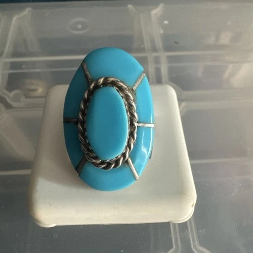 Silver Bohemian Double Oval Turquoise Ring-Sterling-Natural-7/8'' Long, Vintage