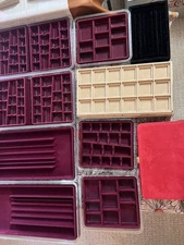  Lot of 12 7 stackable red velvet jewelry organizer trays. 3 24-compartment etc 