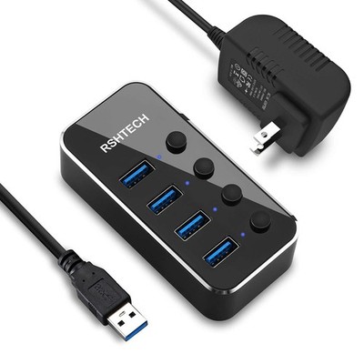 Powered USB Hub, 4 Port USB 3.0 Hub Splitter Portable Aluminum USB Data Hub E...