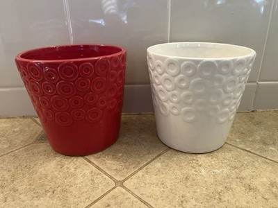 Textured Ceramic Planters Vases Flower Pots White & Red Set Of 2 Tall 5''