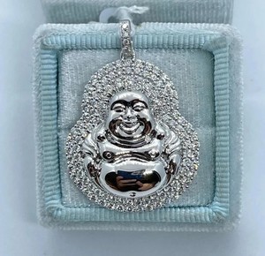 Authentic 2Ct Real Moissanite Happy Buddha Laughing Pendant 14K White Gold Plated Silver
