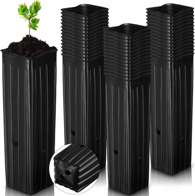 200 Pcs Tall Tree Pot 12 Plastic Deep Plant Nursery Pots Black Seedling Treepots