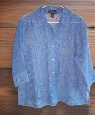 Elementz Woman's Blue Sheer Floral Textured Button Up Top Sz XL