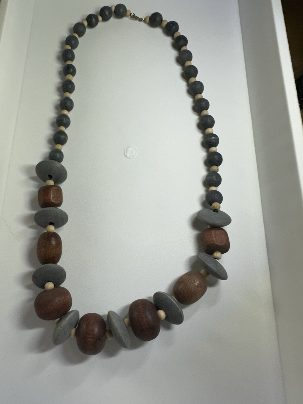 Vintage Blue And Brown Wood Beaded Boho Necklace 24”