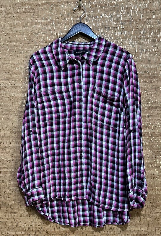 Lane Bryant Plaid Roll Tab Sleeve Button Up Shirt Size 22/24 90s Grunge Rayon
