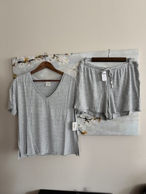 NWT Soma Cool Nights PJs Size M Short Sleeve Short Set Destin Stripe Gray Ivory 
