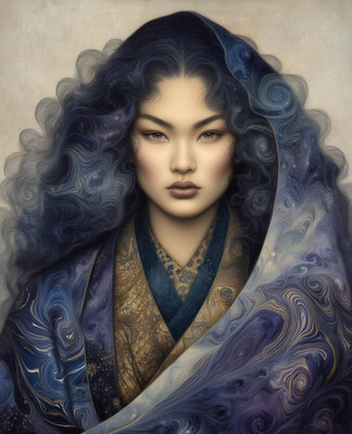 Regal Woman with Midnight Curls and Blue Patterned Robe Print - 403415813