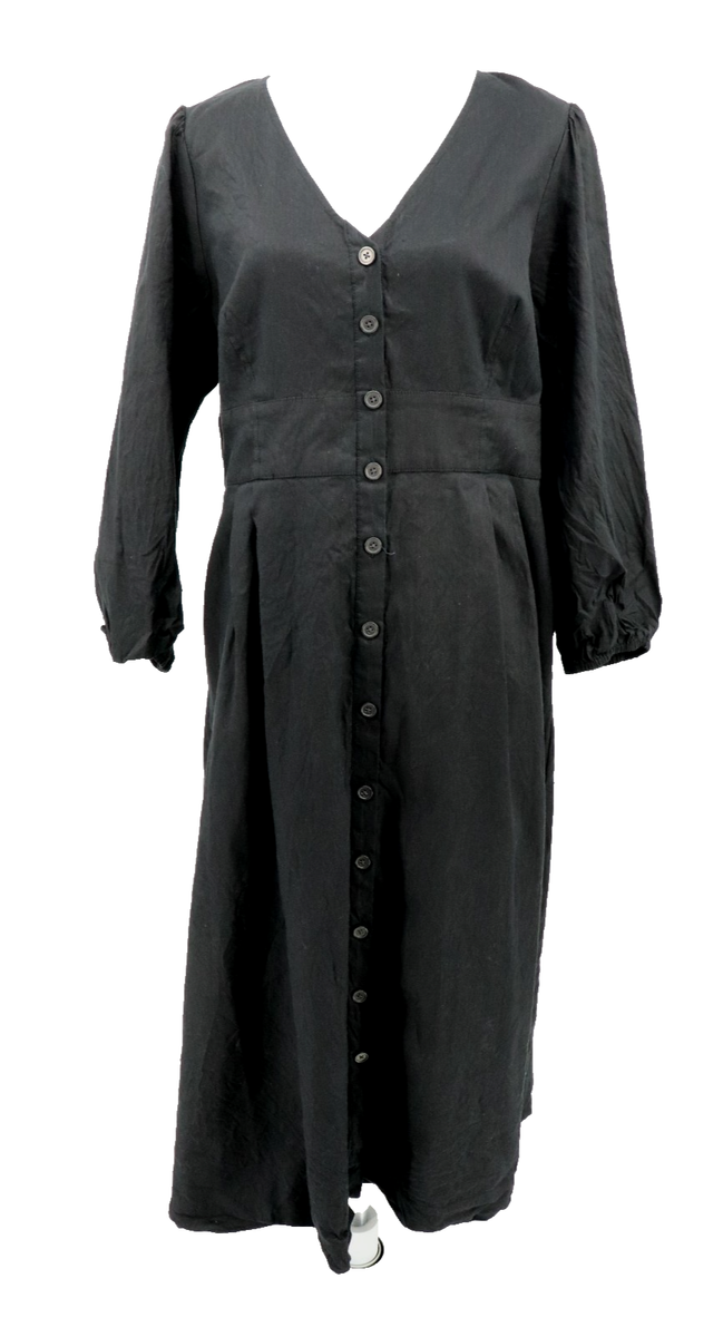 J Crew Linen Viscose Midi Shirt Dress Womens Sz 18 Black Button Puff Long  Sleeve | eBay
