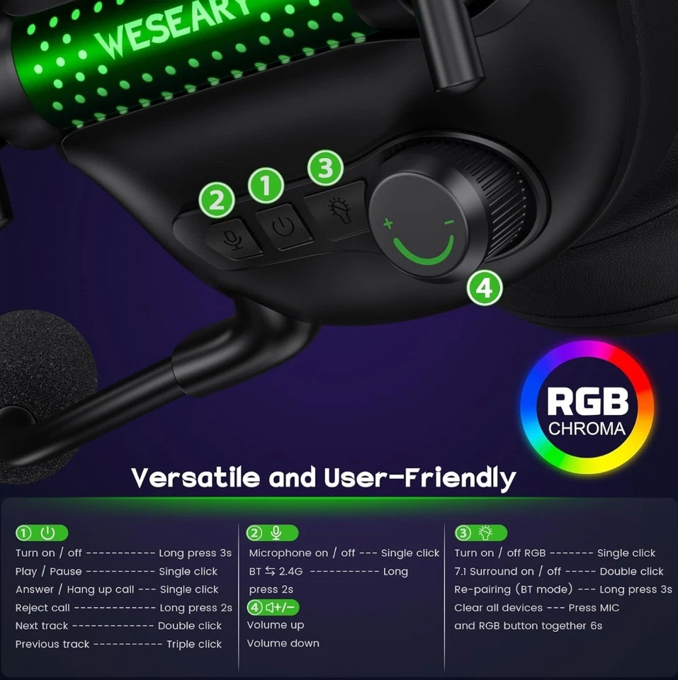 WG2 Bluetooth Kopfhörer, 2,4G Wireless Gaming Headset mit Mikrofon - Bild 4 von 4