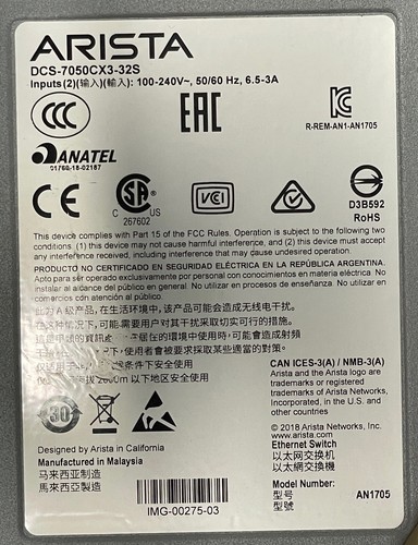 New Arista DCS-7050CX3-32S 32x 100GbE QSFP + 2x SFP+ Switch, 2x AC - 第 5/11 張圖片