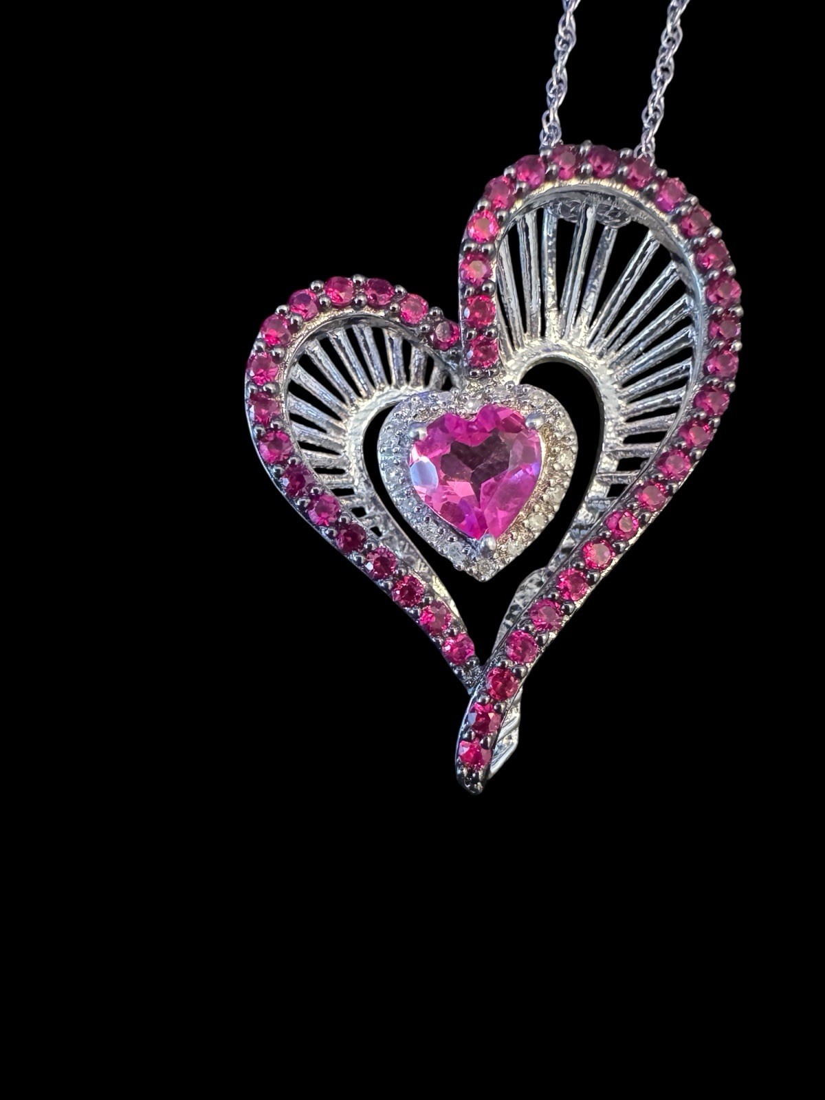 Zales Heart Lab Made Pink Sapphire Ruby & Diamond Sterling Silver Necklace Z2