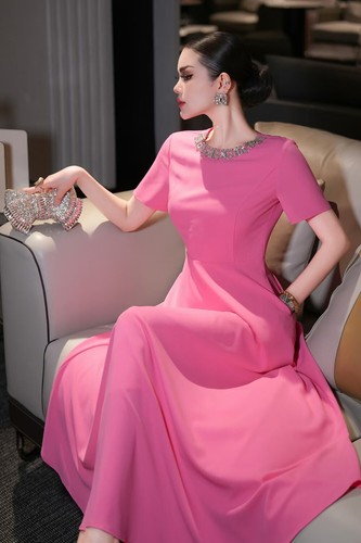 Luxury Summer Women's Round Neck Short Sleeve Fashion A-Line Evening Party Dress - Picture 20 of 26