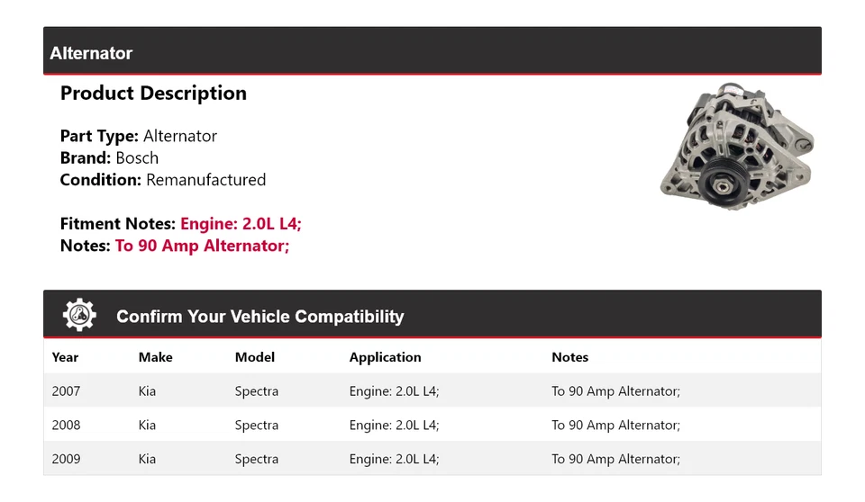 Alternador Bosch para Kia Spectra 2007-2009 2,0 L L4 (remanufacturado) 2008 Foto 2 de 4