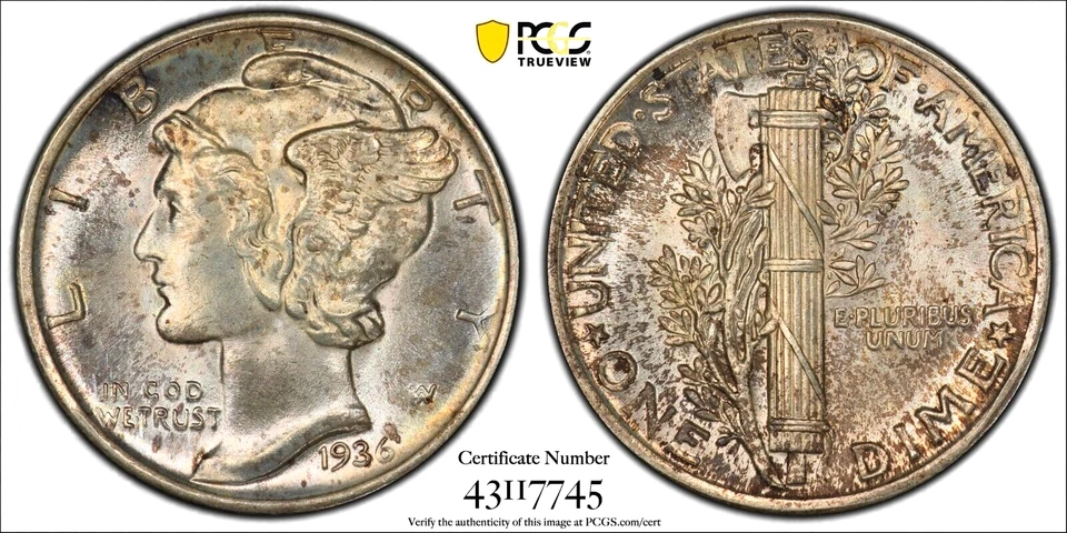 1936-P Mercury Silver Dime PCGS MS66FB "Gold Shield" w/beautiful toning - Image 3 of 3