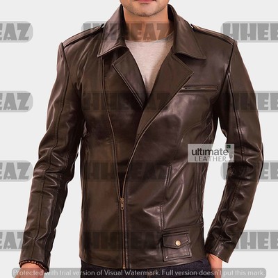 New Men's  Brando Fashion Zipper Motorbiker Pockets Brown Cowhide Leather Jacket