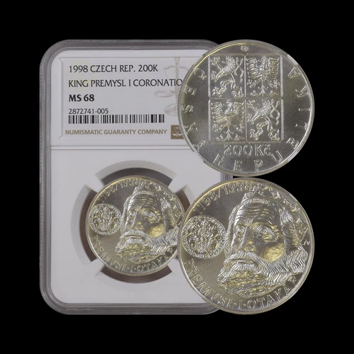 CZECH REPUBLIC. 1998, 200 Korun, Silver - NGC MS68 - Top Pop 🥇 King Premysl I