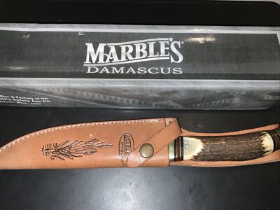 Marbles Damascus MA-522 7.25  Blade Fixed Knife Deer Stag Handle New In Box