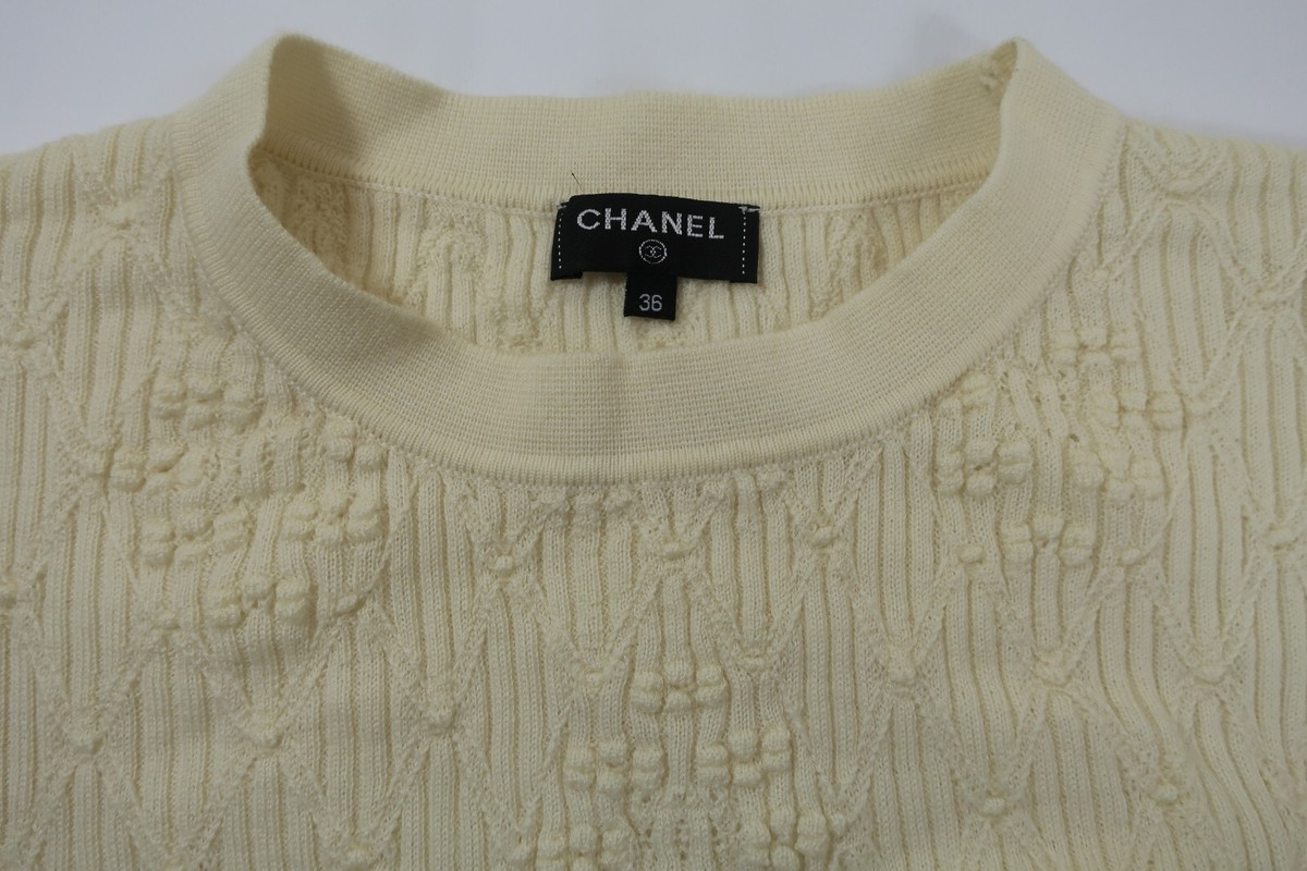 CHANEL Cream Knit Short Sleeves Wool Sweater Sweatshirt Top