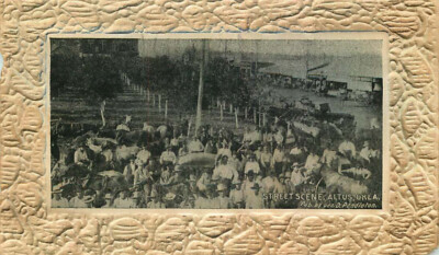 Postcard Crowded Street Scene, Altus, Oklahoma - used 1908 - Embossed Border