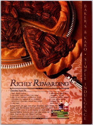 PRINT AD 1987 Bakers Chocolate Karo Corn Syrup 8x10.5 Chocolate Pecan Pie Recipe