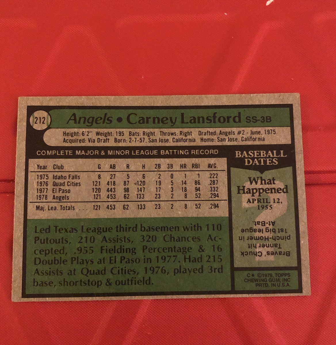 Carney［カセット］ 1979 Topps Baseball Carney Lansford Rookie Card #212 | eBay