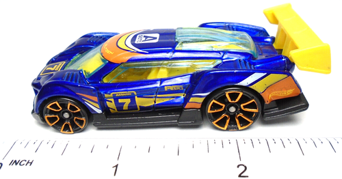2010 HOT WHEELS SUPER BLITZEN #7 BLUE 2 7/8" DIECAST RACE CAR W/ YELLOW & ORANGE - Picture 5 of 6