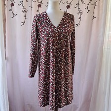 J Jill Dress Womans XS Black Red Floral Print Long Sleeve V Neck Rayon Spandex