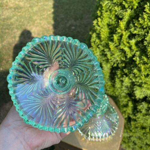 Pair Fenton Glass Leaf Iridescent Green Turquoise Candle Holders Candlesticks - Picture 4 of 15