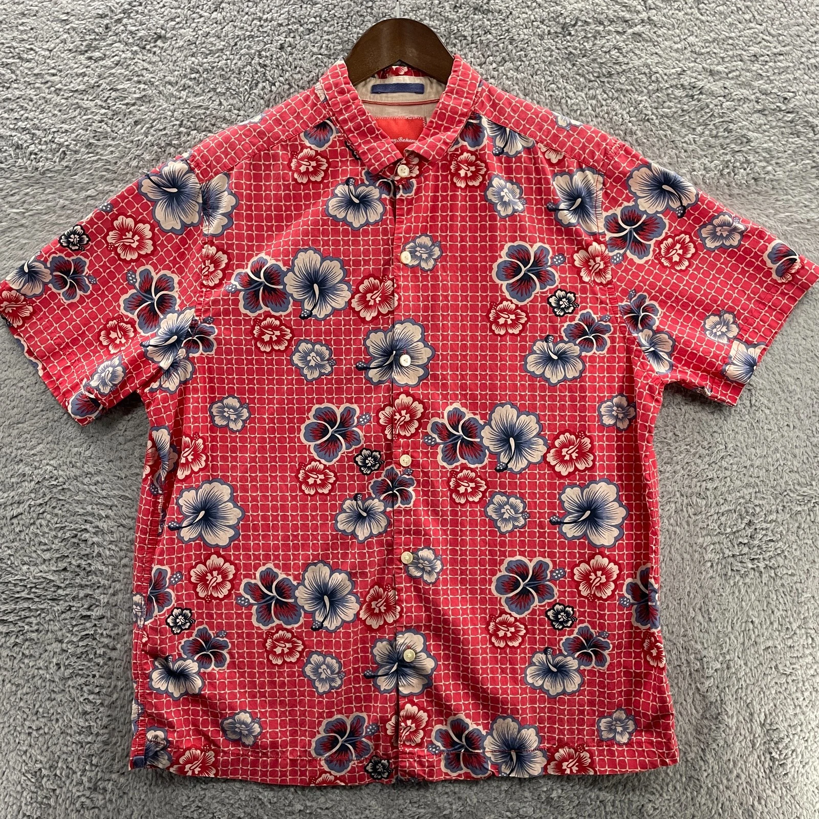 Tommy Bahama Shirt Mens Large Red Geometric Floral Island Modern Hawaiian Aloha