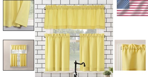 Versatile Rod Pocket Kitchen Curtain Valance & Tiers in Stylish Yellow - 54 x 24 - Picture 2 of 12