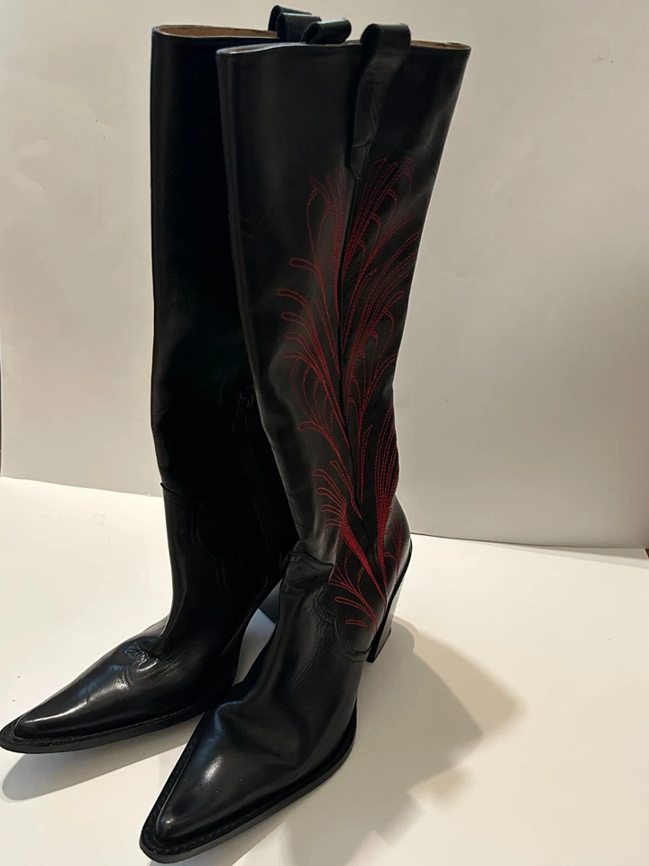 Botas de Vaquero John Fluevog Mujer Talla 10.5 Negras Anjelica Bordadas Tacón Alto Foto 2 de 4