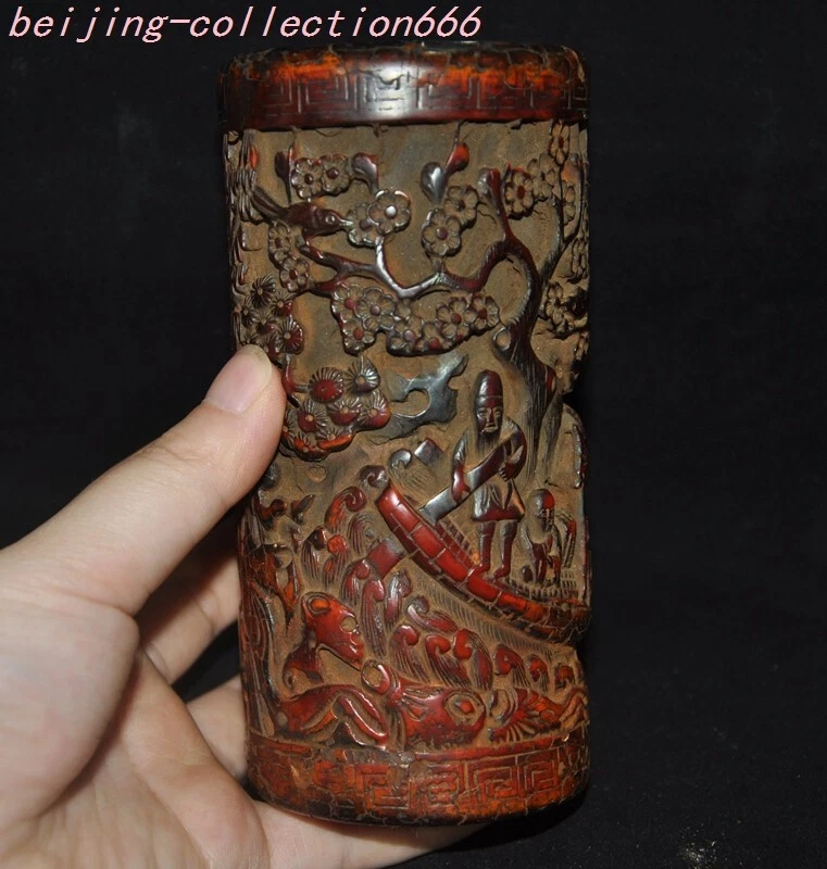 5.2"China Dynasty palace old amber Carved character story brush pot pencil vase - Image 2 of 4
