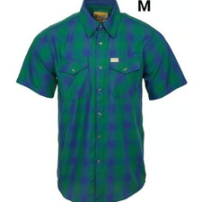 Dixxon Flannel Sz M Tahoe Bamboo Short Sleeve Pearl Snap Blue/Green Plaid Shirt