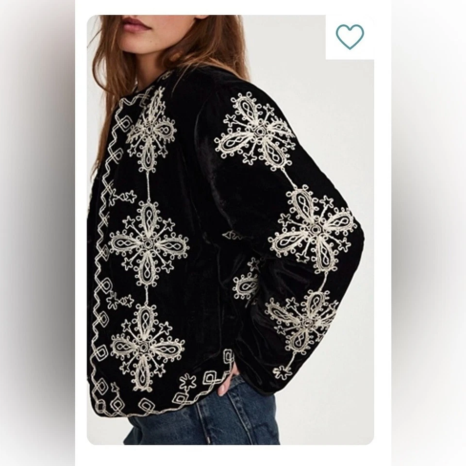 Free People Mia Jacket Velvet Black Embroidered Size Large - Image 2 of 4