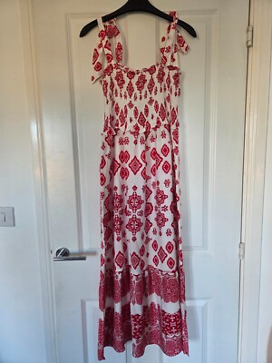 COPPEROSE PARIS WHITE RED ORIENTAL PRINT TIE TOP STRAP FLOATY SUMMER SUN DRESS M