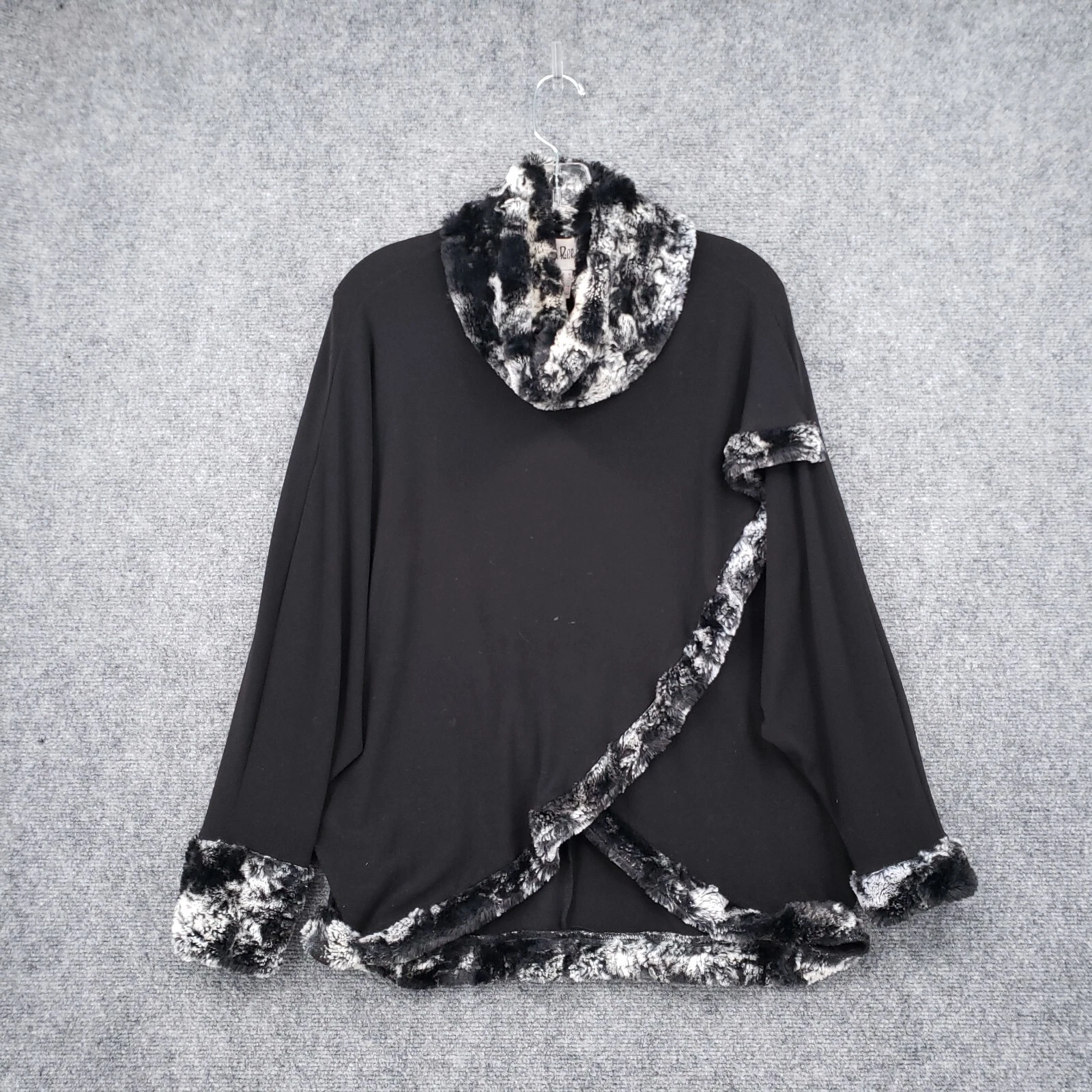Joseph Ribkoff Poncho Sweater Womens 8 Black Cape Faux Fur Cow Neck Long Sleeve