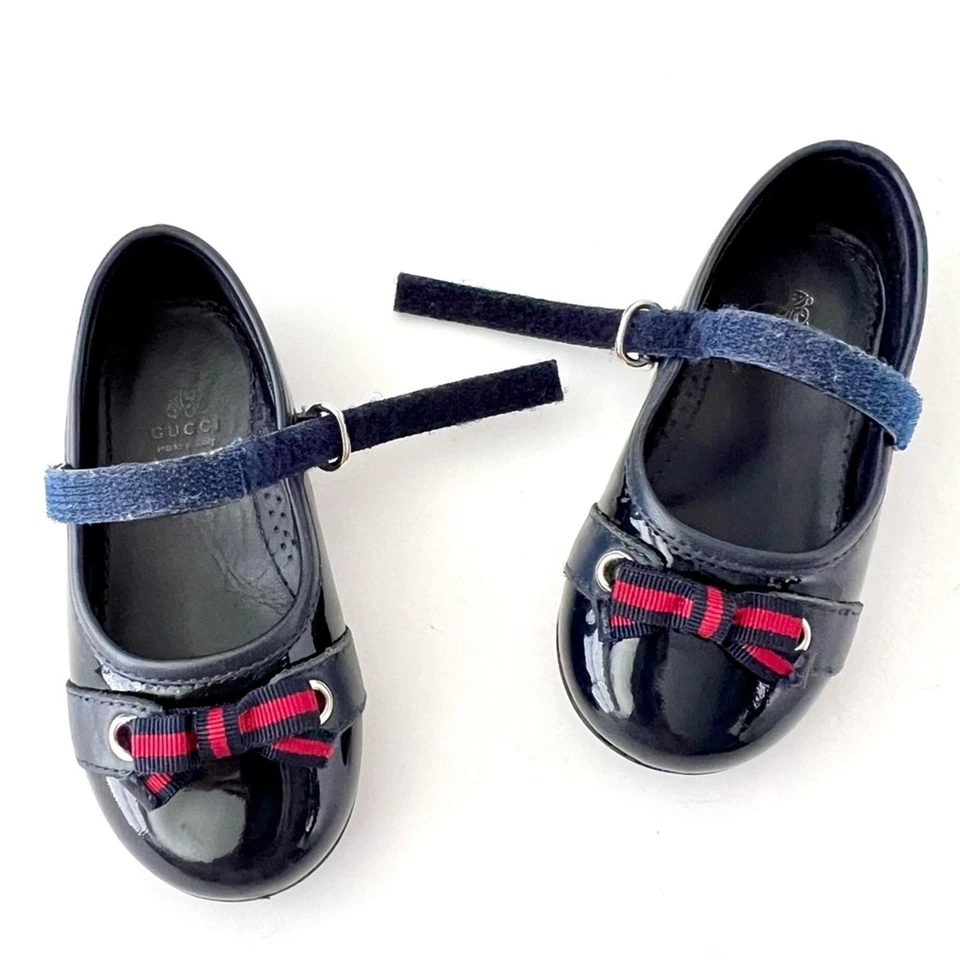GUCCI | Baby Girl Mary Jane Ballet Flat Web Stripe Bow Navy Blue Leather US 5 - Image 3 of 4