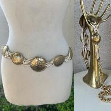 Vtg Boho Belt Brass Disc Metallic White Leather Fits 24-41  