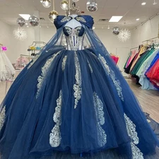 Customized Navy Blue Quinceanera Dresses With Cape Princess Sweet 14~16th Girls