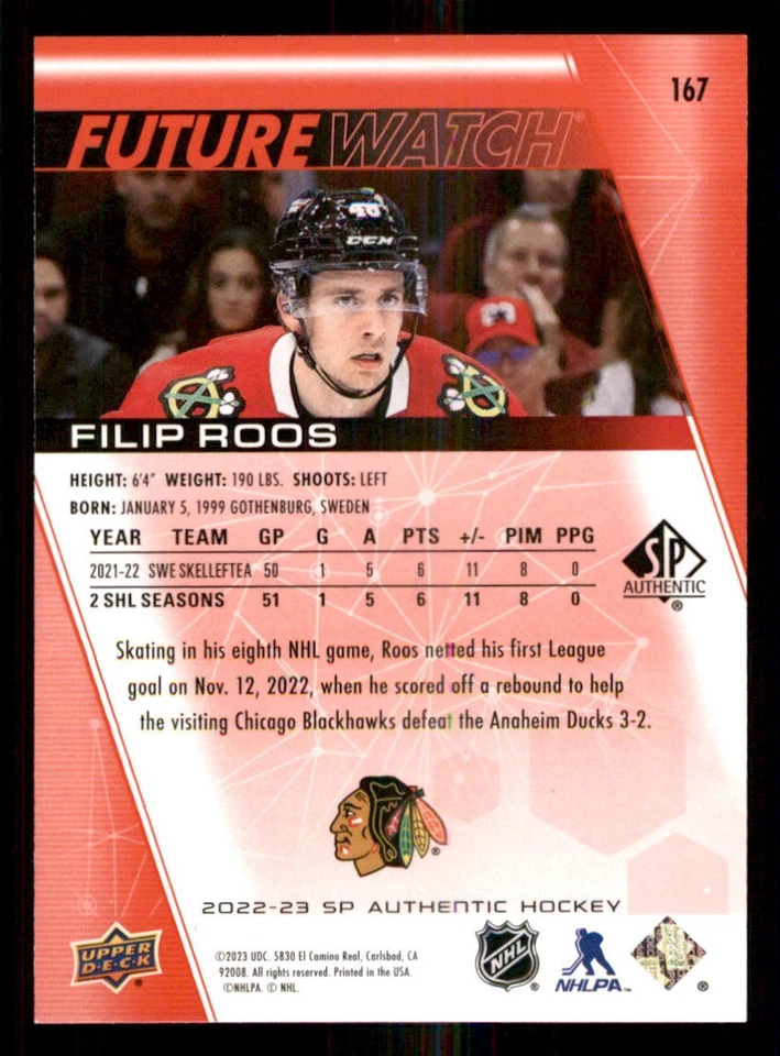 2022-23 SP Authentic Limited Red #167 Filip Roos FW - Image 2 of 2