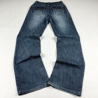 Vintage Studded Pocket Denim Jeans Y2K Low Rise Bootcut Blue Wash Pants