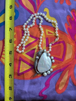 FLASH SALE! Pearl Necklace 14k gold With MOP Mermaid Pendant/Brooch 925