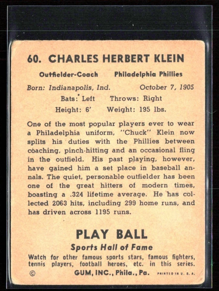 Chuck Klein 1941 Play Ball #60 Philadelphia Phillies Foto 2 de 2