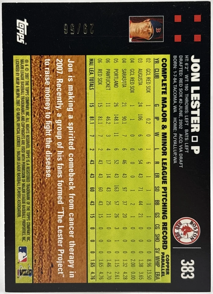 2007 Topps - Jon Lester - Copper /56 - Red Sox - 2nd Year - Image 2 of 3