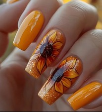 24 Pc Bold Orange Sunflower Brown Long Flower Press On Nails w/Glue Tabs